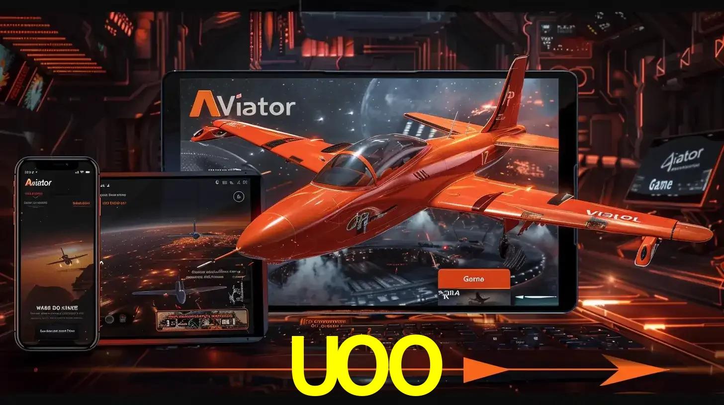 Apresentação tecnológica do jogo Aviator com um avião saindo da tela de um tablet, demonstrando a experiência imersiva em múltiplos dispositivos no UOO.