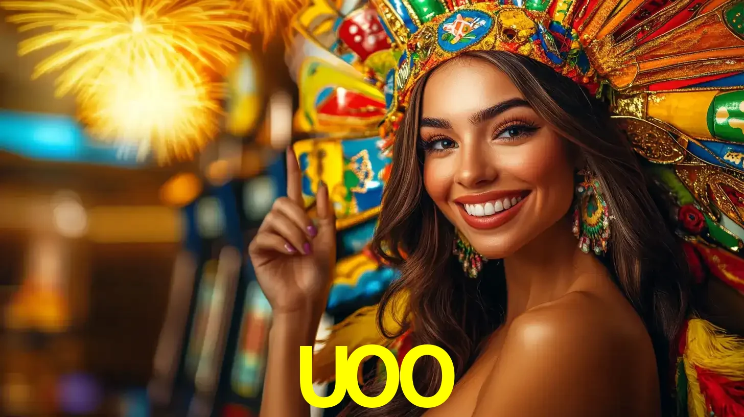 Mulher sorridente com um cocar de carnaval vibrante e colorido, celebrando uma grande vitória nos jogos do cassino UOO com fogos de artifício ao fundo.