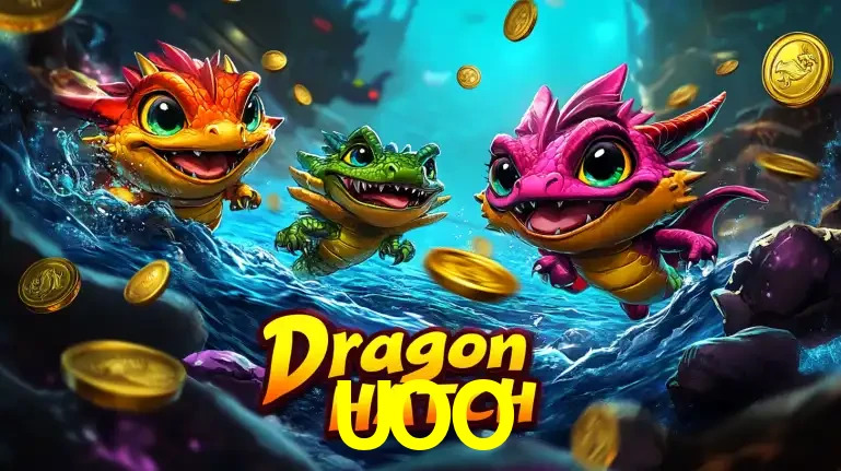 Arte promocional do jogo Dragon Hatch com três adoráveis dragões bebês nadando entre moedas de ouro, um dos slots mais divertidos para jogar no cassino UOO.
