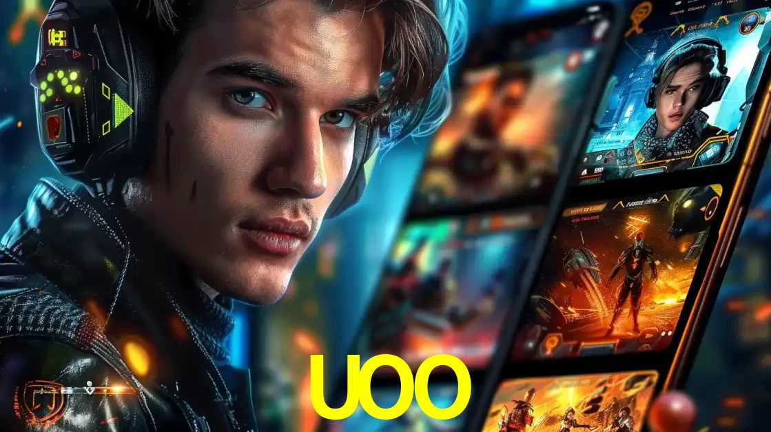 Jovem jogador com fones de ouvido olhando para a câmera, com um aplicativo de jogos e e-sports para celular ao fundo, pronto para a competição e apostas no UOO.