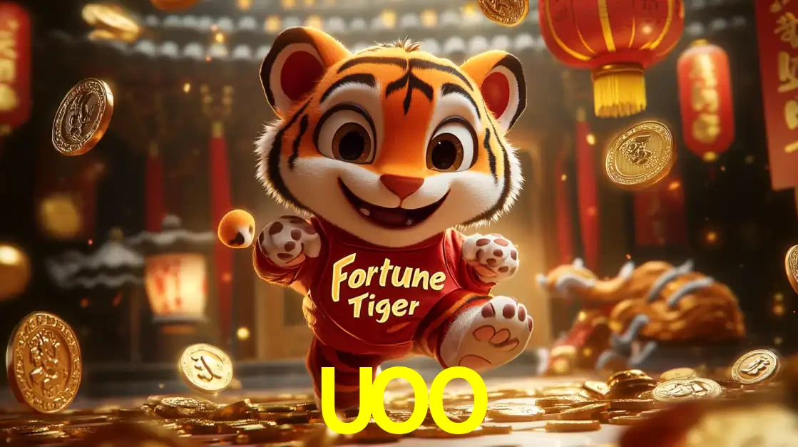 O alegre personagem do Fortune Tiger correndo sobre um caminho de moedas de ouro, simbolizando os grandes prêmios e a diversão do popular jogo de slot do UOO.