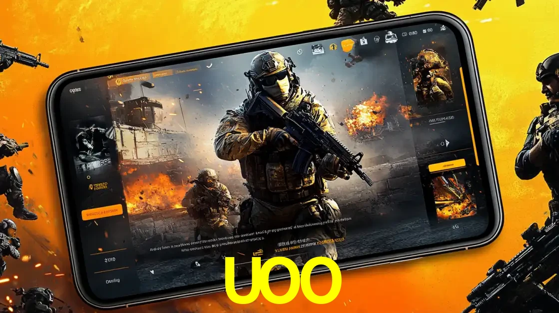 Um smartphone exibindo a interface de um jogo de tiro em primeira pessoa, com um soldado em um cenário de batalha, representando a ação dos e-sports para apostar no UOO.