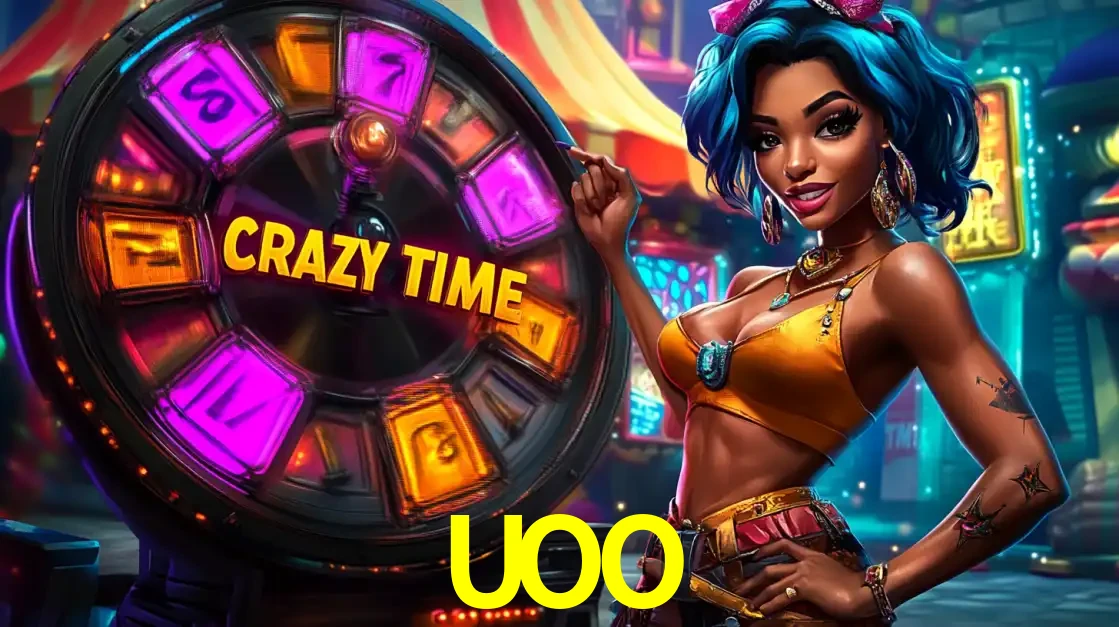 Mulher estilizada com cabelo azul e visual vibrante posando ao lado da roda de prêmios do game show Crazy Time, convidando para a diversão e os bônus do cassino UOO.