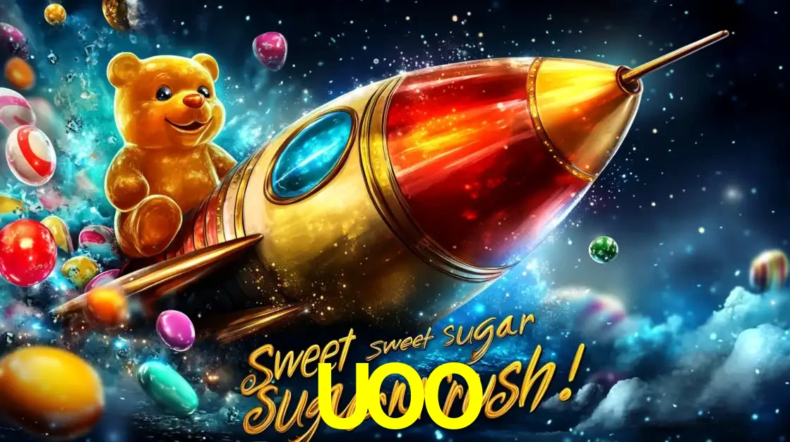 Arte promocional do jogo de slot Sugar Rush, com um urso de pelúcia em um foguete viajando pelo espaço de doces, um dos jogos divertidos disponíveis no cassino UOO.