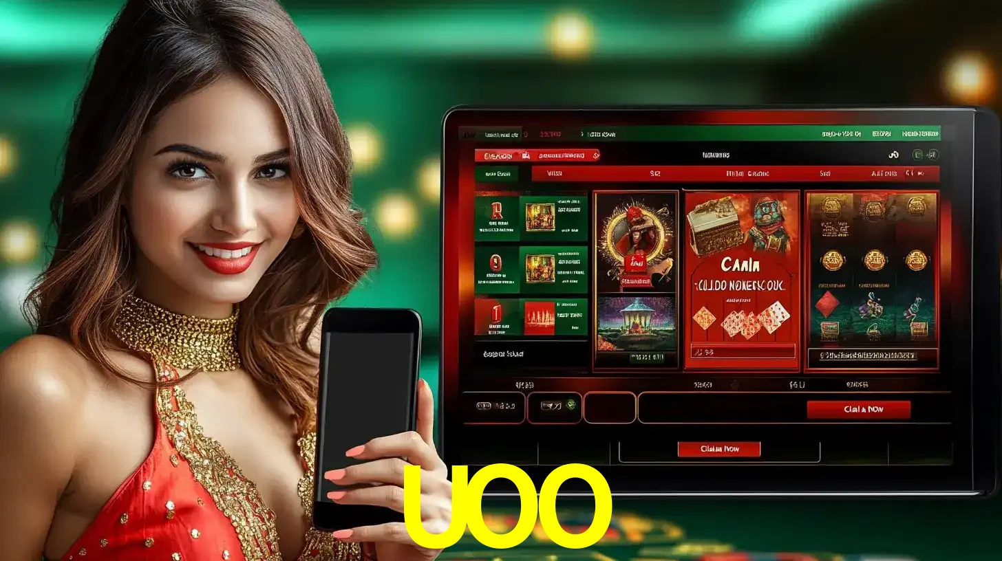 Mulher sorridente segurando um smartphone, ao lado de uma tela exibindo o lobby de jogos do cassino online UOO, com várias opções de jogos de cartas e slots.