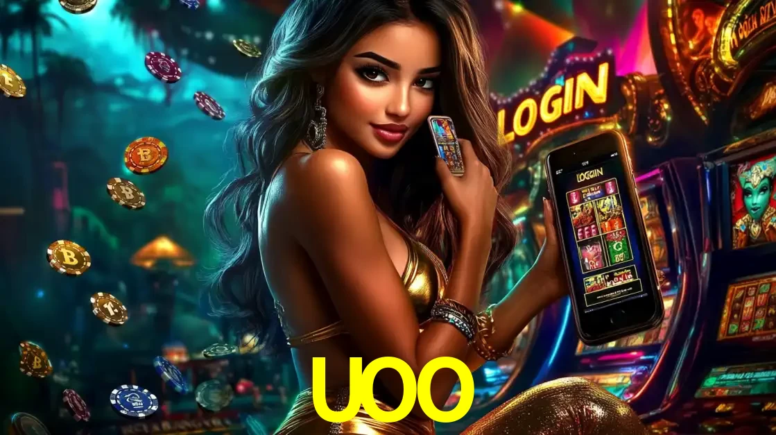 Mulher em um cenário de cassino temático de aventura, mostrando o app de caça-níqueis da UOO no celular. Fichas de apostas flutuam ao redor.