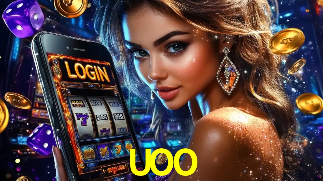 Mulher glamorosa segurando um smartphone com a tela de login para os jogos de caça-níqueis do cassino online UOO, com moedas de ouro e dados ao redor.