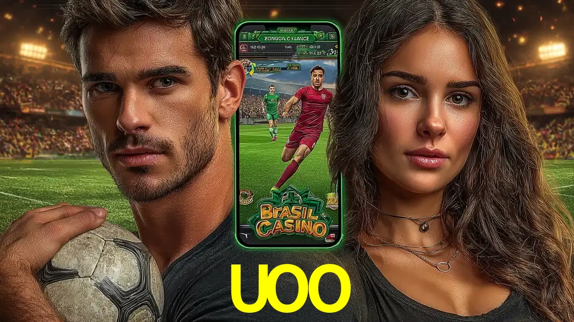 Homem segurando uma bola de futebol e uma mulher ao lado de um smartphone exibindo o jogo de apostas esportivas da UOO. Faça seu palpite no cassino online.